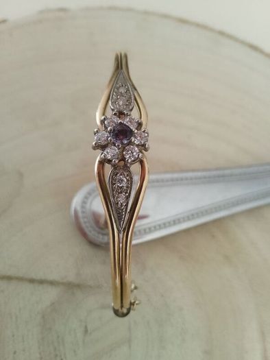 Vintage Rolled Gold Bangle Bracelet  Amethyst  Clear Stone Cluster