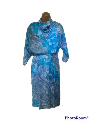 Vintage 80s blue floral midi dress size Small Cowl neckline Postage included