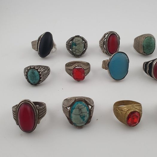 15 Rustic Brass Rings Mixed Traditional Glass & Stone Ring Collection