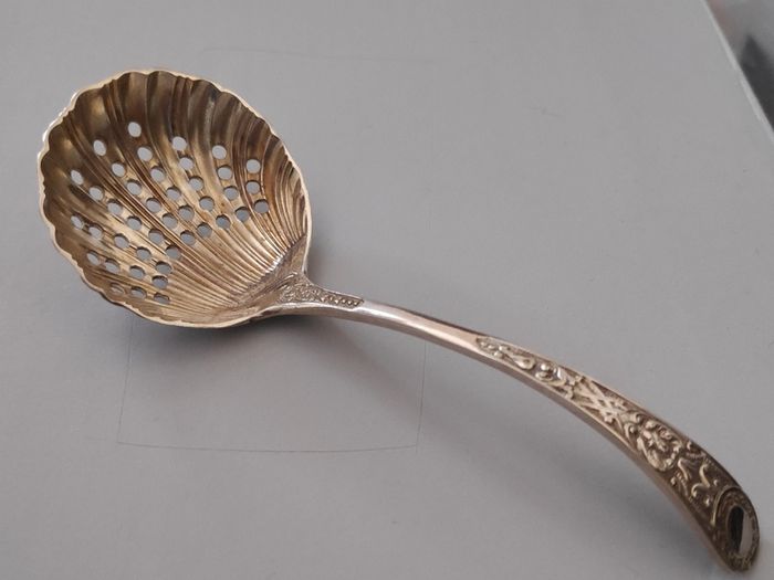 Antique Silver Plated Sugar Sifting Spoon with Pierced, Shell-shaped bowl