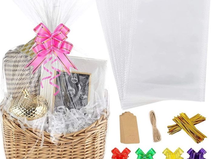 20Pcs Cellophane Basket Bags, 14X20in Clear Hamper Wrap Bag with Pull Bow Blank Hangtag & Twist Ties, Large Present Bags Set for Gift Packaging Arts Crafts Toys Fruit Christmas Making (FREE POSTAGE)