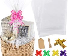 20Pcs Cellophane Basket Bags, 14X20in Clear Hamper Wrap Bag with Pull Bow Blank Hangtag & Twist Ties, Large Present Bags Set for Gift Packaging Arts Crafts Toys Fruit Christmas Making (FREE POSTAGE)