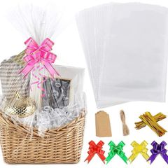 20Pcs Cellophane Basket Bags, 14X20in Clear Hamper Wrap Bag with Pull Bow Blank Hangtag & Twist Ties, Large Present Bags Set for Gift Packaging Arts Crafts Toys Fruit Christmas Making (FREE POSTAGE)