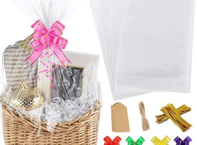 20Pcs Cellophane Basket Bags, 14X20in Clear Hamper Wrap Bag with Pull Bow Blank Hangtag & Twist Ties, Large Present Bags Set for Gift Packaging Arts Crafts Toys Fruit Christmas Making (FREE POSTAGE)
