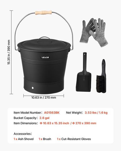 Fireplace Ash Bucket Set 9.8L with Lid