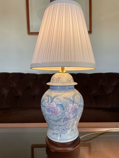 Pretty Oriental Pastel Floral Ginger Jar Lamp Base with Wooden Plinth Base