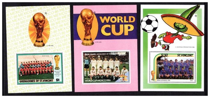 1986 St Vincent 6 Miniature sheet (Argentina, Portugal, Mexico, Russia, Spain, Uruguay) featuring teams for Mexico Football (FIFA) World Cup 86