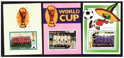 1986 St Vincent 6 Miniature sheet (Argentina, Portugal, Mexico, Russia, Spain, Uruguay) featuring teams for Mexico Football (FIFA) World Cup 86