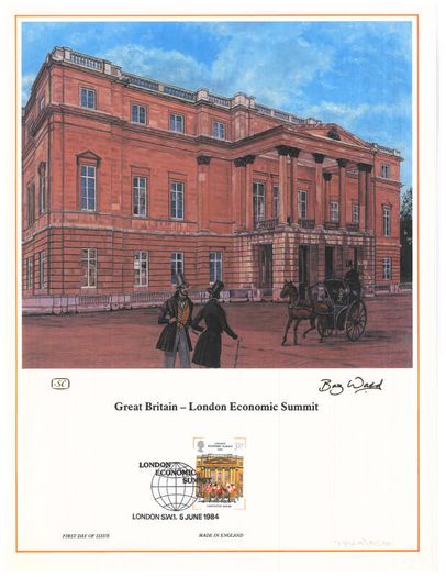 1984 Great Britain Limited Edition Lithographed Print measuring 333mm X 257mm showing great Britain London Economic Summit Commemorative stamps with First Day of Issue Cancel