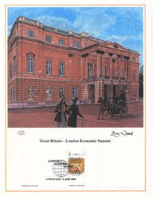 1984 Great Britain Limited Edition Lithographed Print measuring 333mm X 257mm showing great Britain London Economic Summit Commemorative stamps with First Day of Issue Cancel
