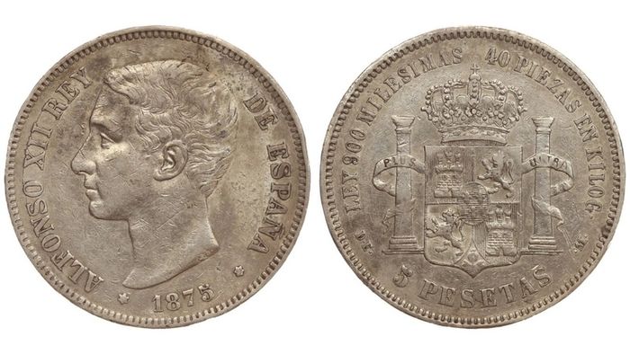 Spain Silver 5 Pesetas 1875 (75)Alfonso XII