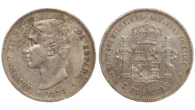 Spain Silver 5 Pesetas 1875 (75)Alfonso XII
