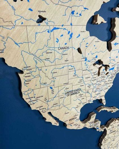 2D Premium Wooden World Map Country Borders US and Canada States Borders Country Names Country Capital Names 400 World Biggest City Names