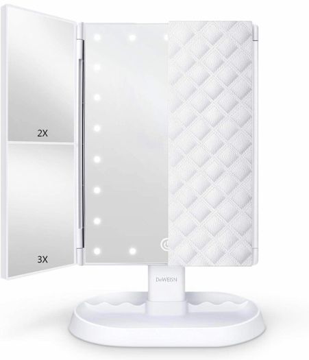 Makeup Mirror, Lighted Vanity Mirror with 1x/2x/3x Magnification, 21 LED Portable Trifold Mirror Touch Screen Dimming Dual Power, Illuminated Cosmetic Mirror for Countertop (MULTIPLE COLOURS)