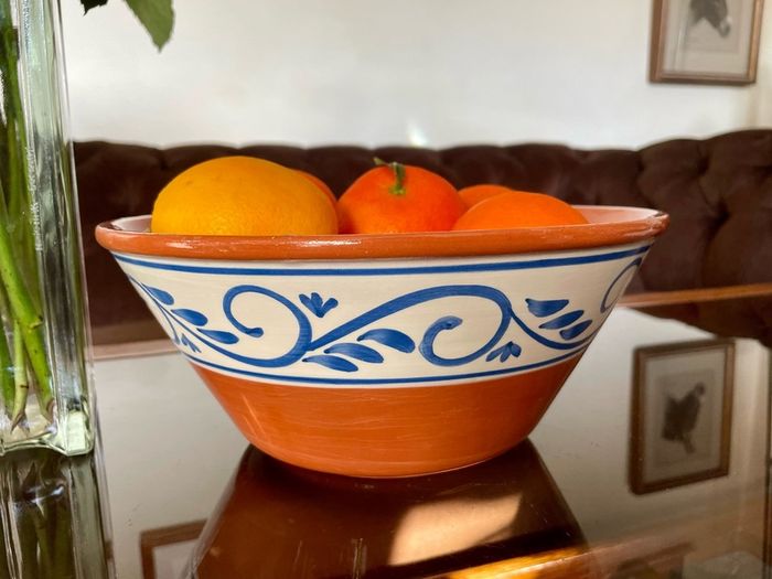 Hand Painted Large Terra Cotta Blue and White Bowl for Salad Pasta Fruits