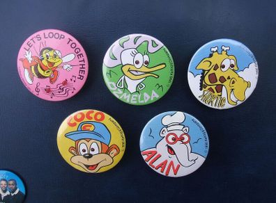 KELLOGGS MUSICAL BADGES (with light-up eyes) - promotional badges (1990 & 1991). Includes the full set of Coco Pops badges.