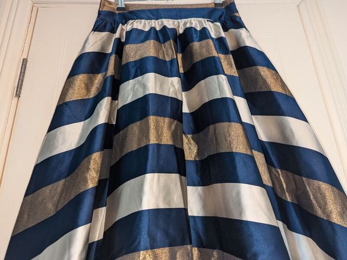 Metallic Navy Striped Pleated A-Line Full Flare Satin Midi Skirt from Traffic People