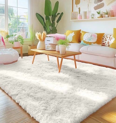 Fluffy Shaggy Rugs Living Room, Large Anti Slip Carpet, Machine Washable Soft Thick Pile Bedside Rug for Kids Bedroom, Nursery - Creme, 120 x 160 cm