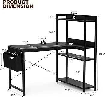 120x80 cm L Shaped Gaming Desk with Reversible Storage Shelves, Computer Desk Home Office Corner Study Writing Table with Hutch, Study, Black