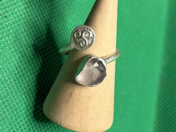 Handmade Celtic sterling silver ring with sea glass and Triskele. Size N and adjustable