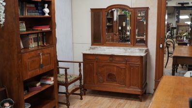 Antique French Oak Dressing Table / Vanity with Marble Top
