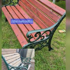 Garden Bench Cast iron fully restored seat outside outdoor garden sitting treated timber decorations, furniture patio  decking, home house cottage ignore flowers pots plants, garden statue chair  swing patio heater bbq hammock sun  farm shop gift
