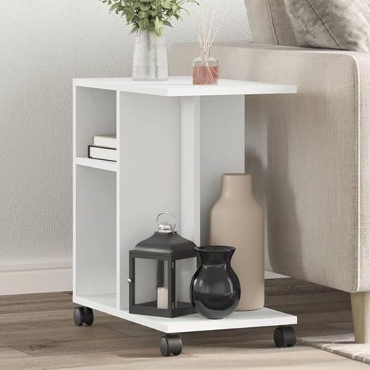 Mobile Side Table with Wheels  White or Oak Finish 50 x 30 x 55 cm