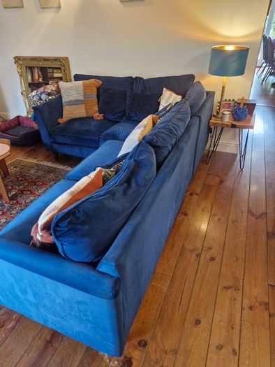 L shaped sofa/couch, blue velvet.