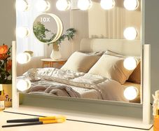 Vanity Mirror, Hollywood Makeup Mirror with 12 Light Bulbs, 3 Color Modes and Adjustable Brightness, Touch Control, Detachable 10X Zoom Mirror (White)