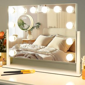 Vanity Mirror, Hollywood Makeup Mirror with 12 Light Bulbs, 3 Color Modes and Adjustable Brightness, Touch Control, Detachable 10X Zoom Mirror (White)