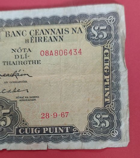 Irish 1967 Lavery Five pound banknote in Fine condition