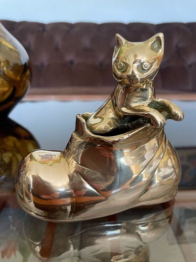 Vintage MCM Solid Brass Small Kitty Cat in a Boot Whimsical Sculpture