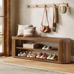 120cm Wooden Entrance Bench with 2-Tier Shoe Rack, Rustic Hallway Storage Bench, Entryway Seating Bench for Bedroom, Living Room & Dining Room