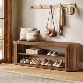 120cm Wooden Entrance Bench with 2-Tier Shoe Rack, Rustic Hallway Storage Bench, Entryway Seating Bench for Bedroom, Living Room & Dining Room