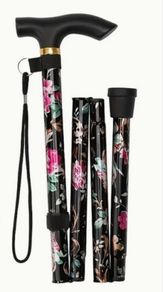 Folding Walking Stick, Black Floral