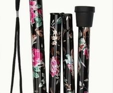Folding Walking Stick, Black Floral