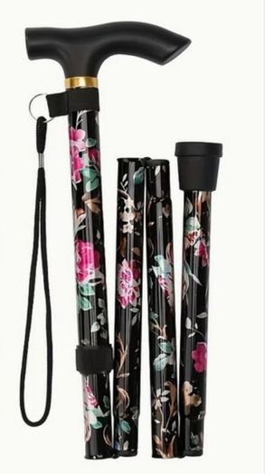 Folding Walking Stick, Black Floral
