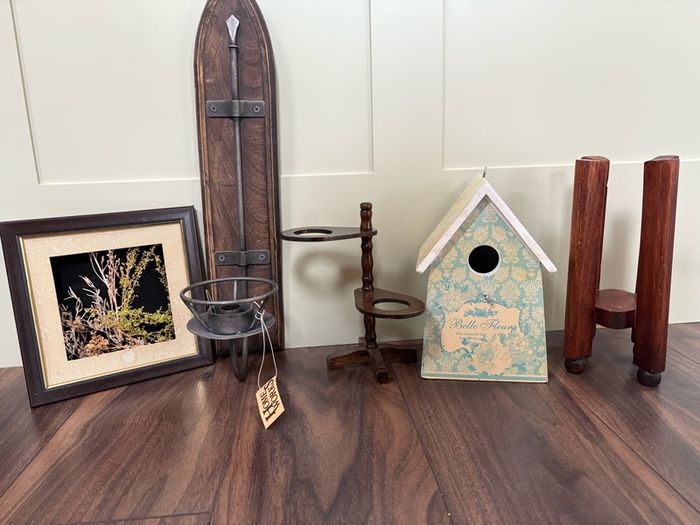 Rustic Wooden & Metal Home Decor Set -Sconce, Birdhouse, Plant Stands & Framed Art (6 Pieces)
