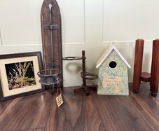 Rustic Wooden & Metal Home Decor Set -Sconce, Birdhouse, Plant Stands & Framed Art (6 Pieces)
