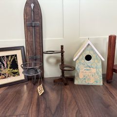 Rustic Wooden & Metal Home Decor Set -Sconce, Birdhouse, Plant Stands & Framed Art (6 Pieces)