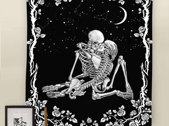 Skull Tapestry, The Kissing Lovers Black and White Tapestries, Moon and Starry Stars Floral Tapestry (MULTIPLE SIZES)