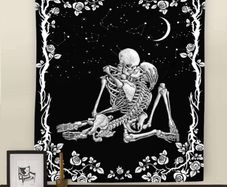 Skull Tapestry, The Kissing Lovers Black and White Tapestries, Moon and Starry Stars Floral Tapestry (MULTIPLE SIZES)