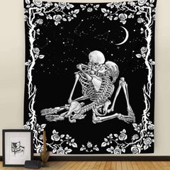 Skull Tapestry, The Kissing Lovers Black and White Tapestries, Moon and Starry Stars Floral Tapestry (MULTIPLE SIZES)