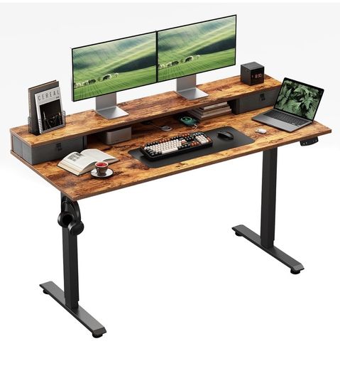 Electric Height Adjustable Desk, with 2 Fabric Drawers, 120x60cm 72-116cm Height, Stable Sit-Stand Standing Desk w. 2 Memory Buttons, Computer Desk for Home Office, 2 pcs Desktops, Brown