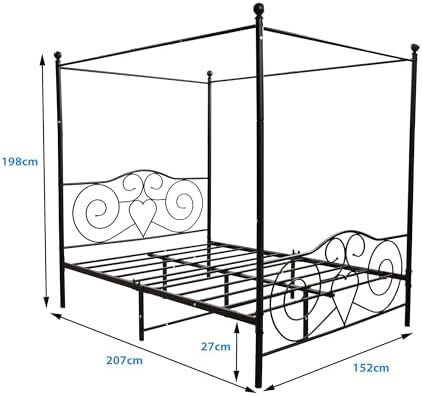 5ft King Canopy Bed Frame Platform, 150x200cm Kingsize Bed Frame with Vintage Headboard and Footboard, Heavy Duty Steel Slats and Support with Mattress Foundation,Black