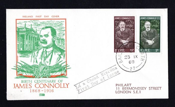 1968 Ireland Centenary of the Birth of James Connolly Commemorative Stamps PhilArt First Day Cover (FDC) with Baile Atha Cliath (Dublin) cancel