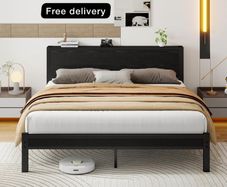 King Size Bed Frame with Wooden Storage Headboard
