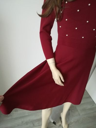 Red Burgundy knitted dress with pearls, size 12