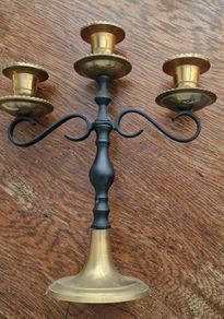 Pair of Vintage Brass and Black Metal 3-Arm Candelabrum