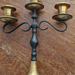 Pair of Vintage Brass and Black Metal 3-Arm Candelabrum